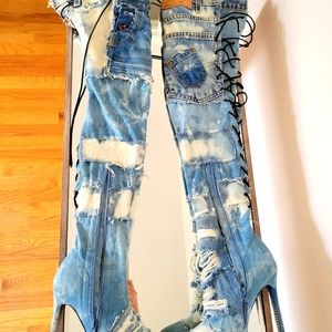 Womens custom made denim over knee boots